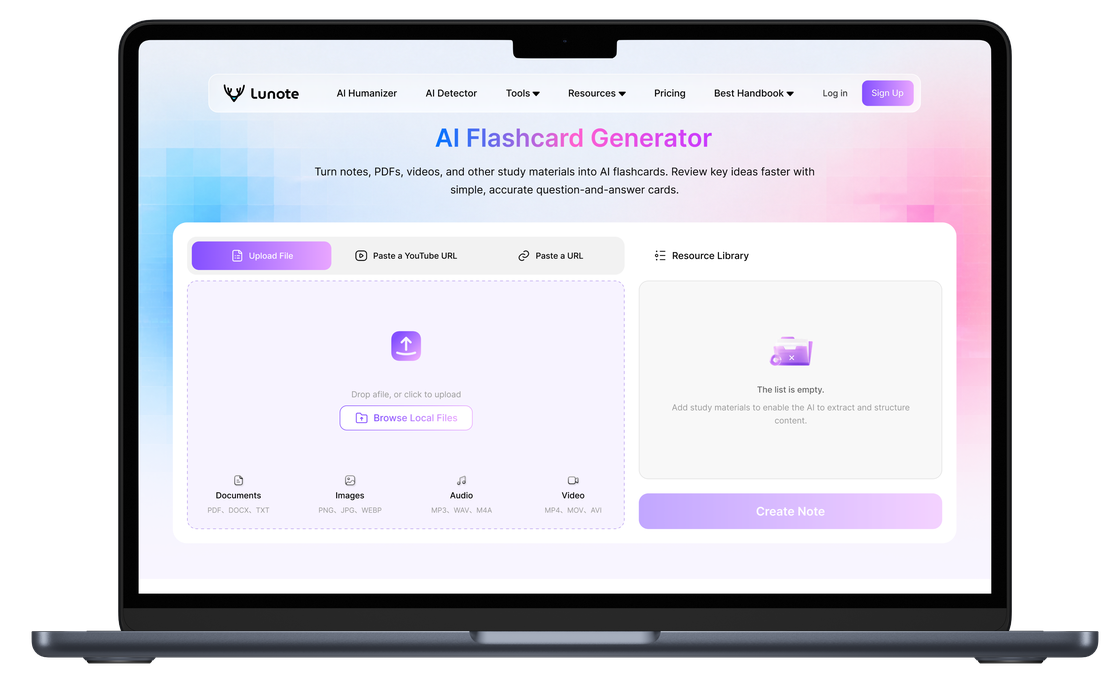 Lunote AI Flashcard Generator workspace displayed on a laptop